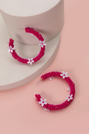 Seed Bead Flower Hoop Earrings- Fuschia