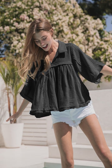 No Cares Babydoll Top- Black