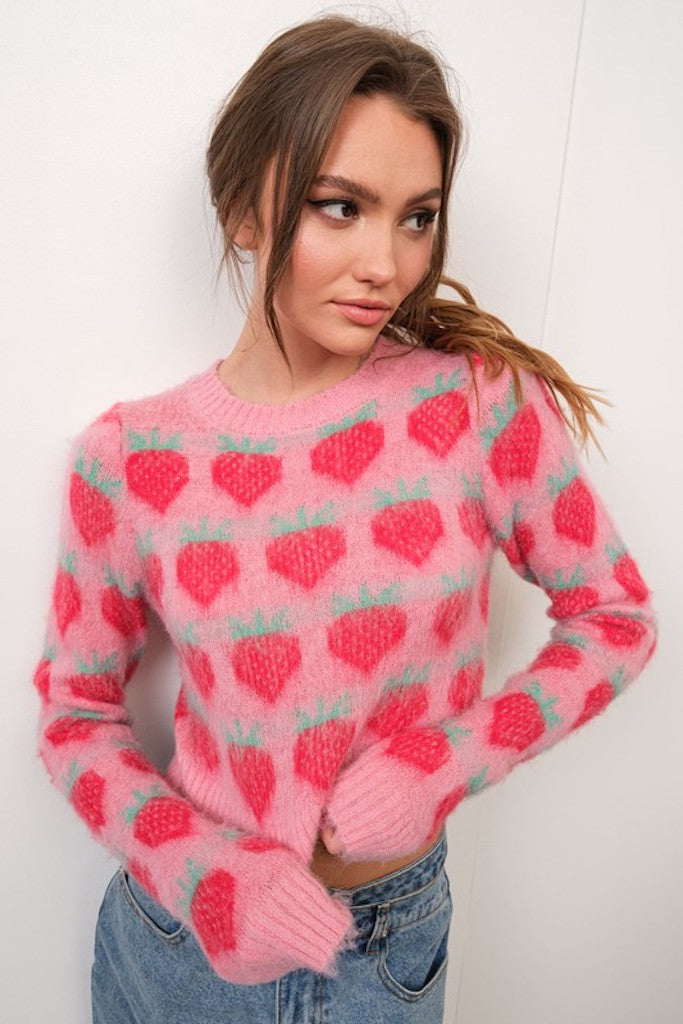 Priscilla Strawberry Cropped Sweater- Pink Multi
