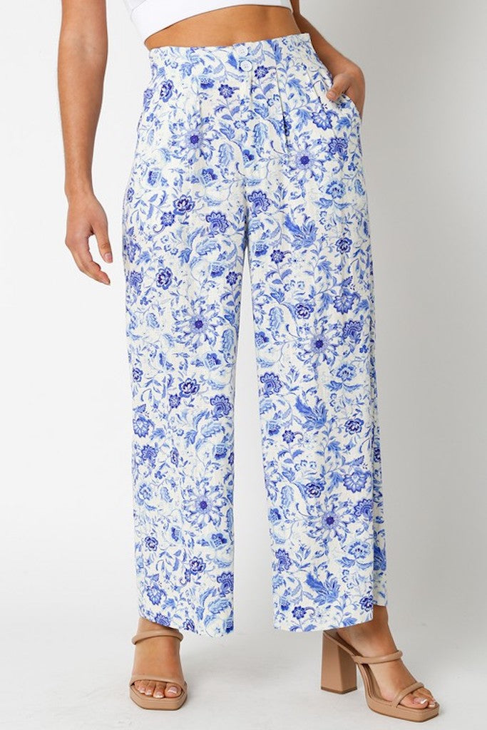 Anslie Floral Pants- Cream/Blue