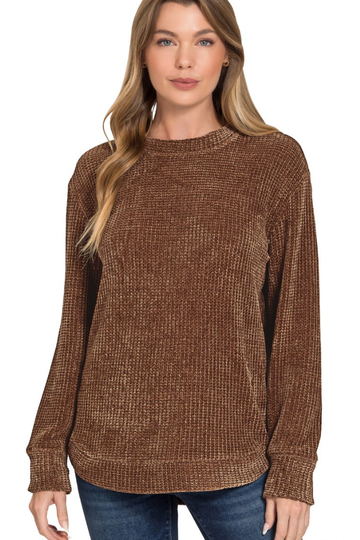 Jesse Chenille Waffle Knit Sweater - Brown