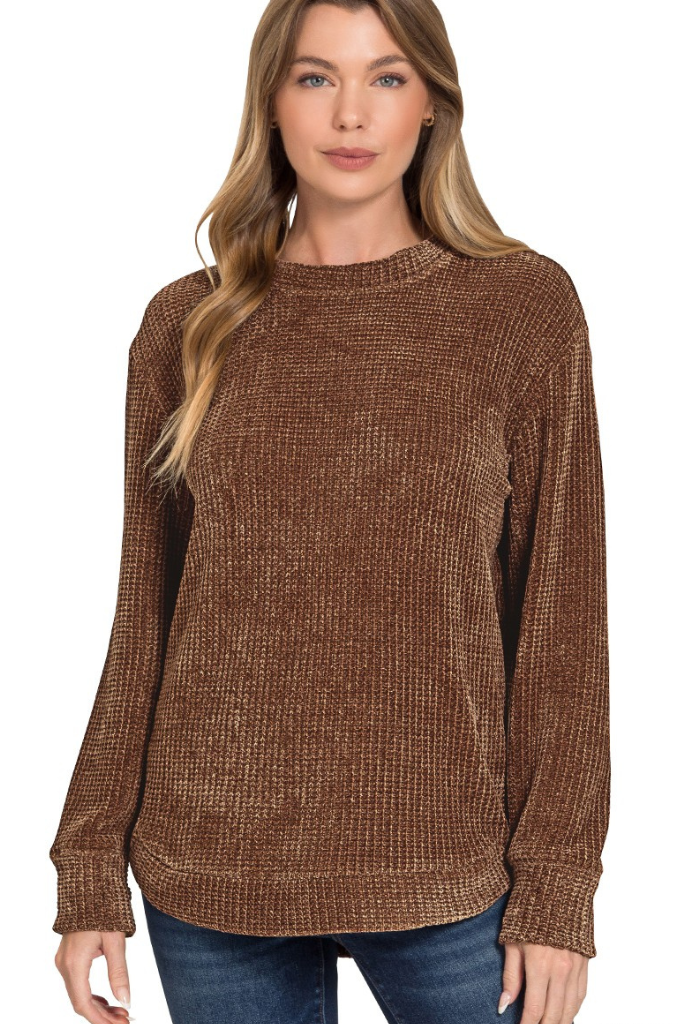 Jesse Chenille Waffle Knit Sweater - Brown