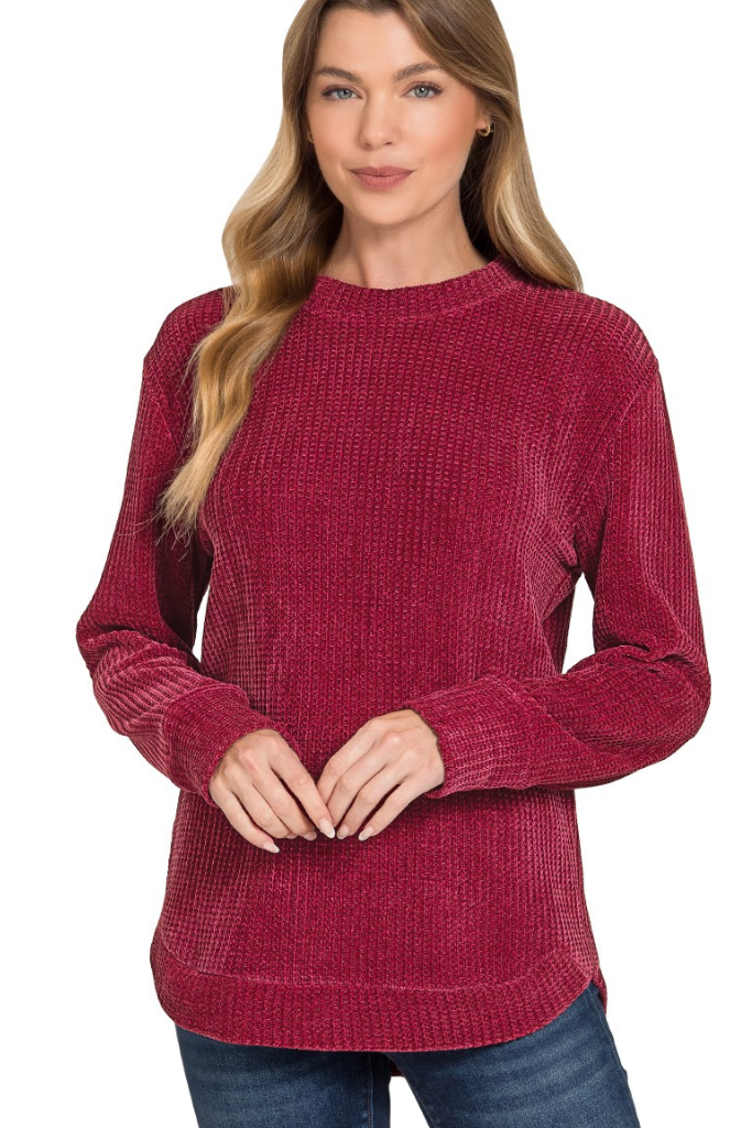 Jesse Chenille Waffle Knit Sweater - Burgundy
