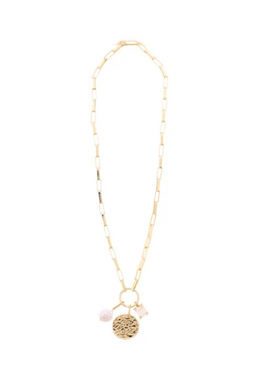 Box Chain Hammered Disk Necklace - Gold