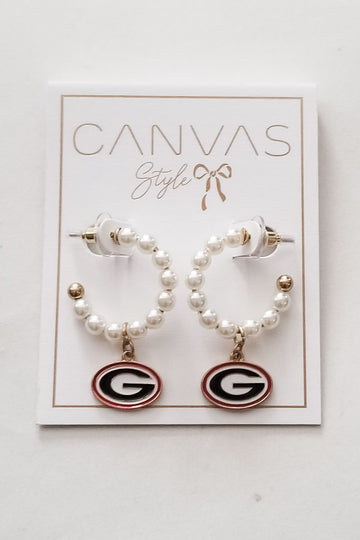 GA Bulldogs Pearl Hoop Enamel Drop Earrings- Black/Red
