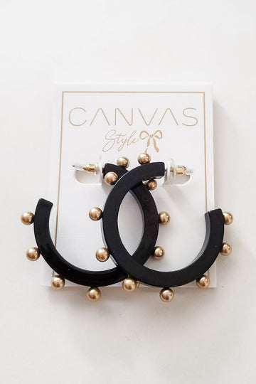 Kelley Studded Metal & Resin Hoop Earrings- Black