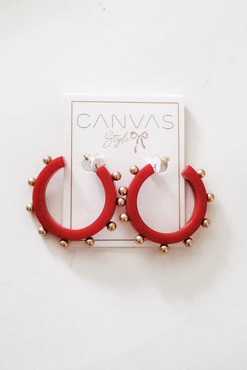 Kelley Studded Metal & Resin Hoop Earrings- Red