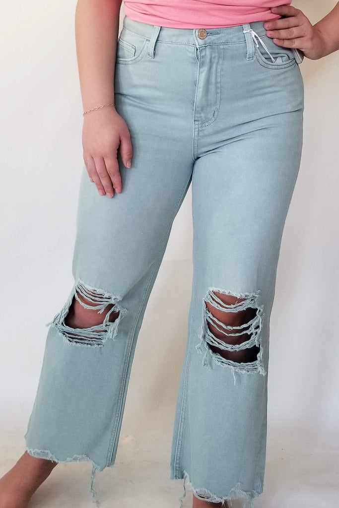 Leah Wide Leg Distressed Jeans- Mint