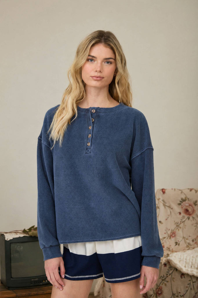My Routine Ribbed Henley Top - Navy