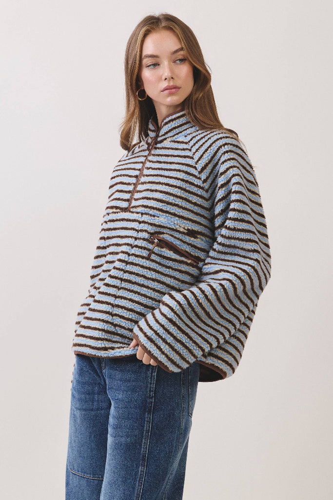 Offbeat Striped Sherpa Jacket - Blue/Brown