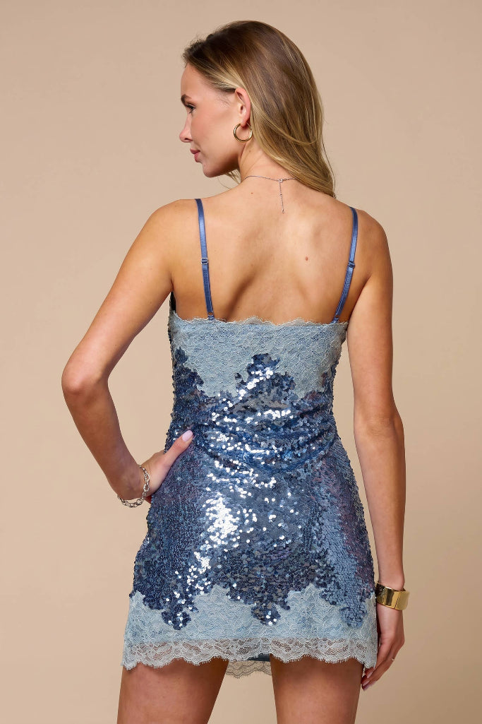 Penny Lace Detail Sequin Mini Dress - Blue