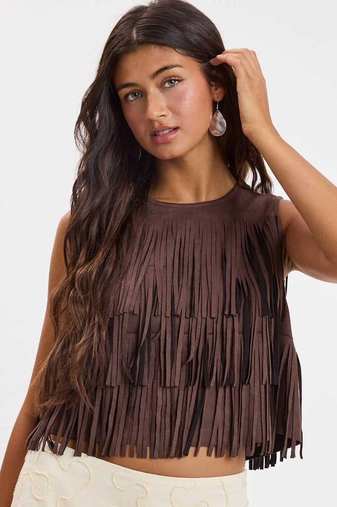 Better Bet Fringe Crop Top - Brown
