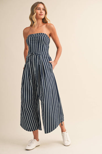 Overtime Striped Wide leg Jumpsuit - Navy