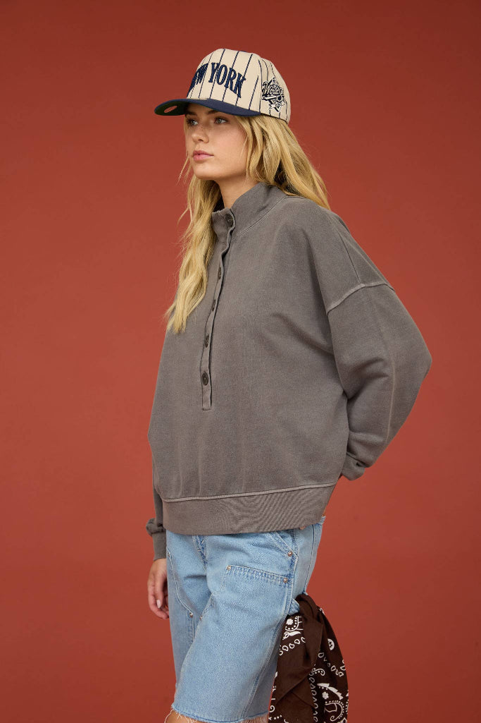 Social Season Henley Button Top - Charcoal