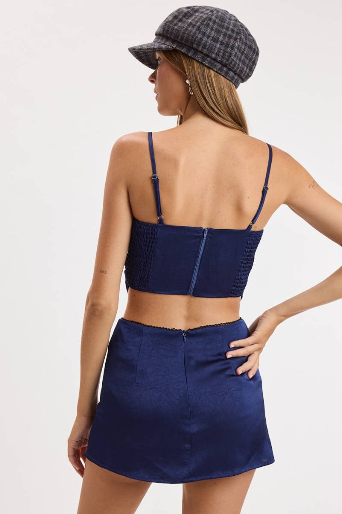 Prissy Satin Lace Top & Skirt Set - Navy