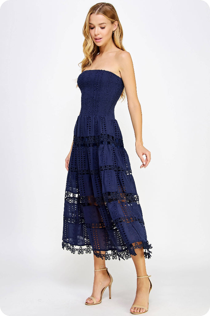 Never Ending Eyelet Lace Midi Dress - Navy