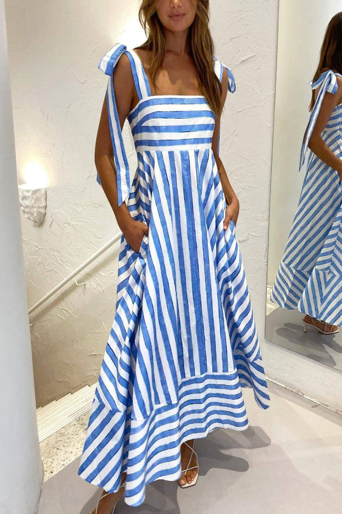 Rosa Clothing - Striped Print Sweet Fashion Lace-Up Large Swing Dress