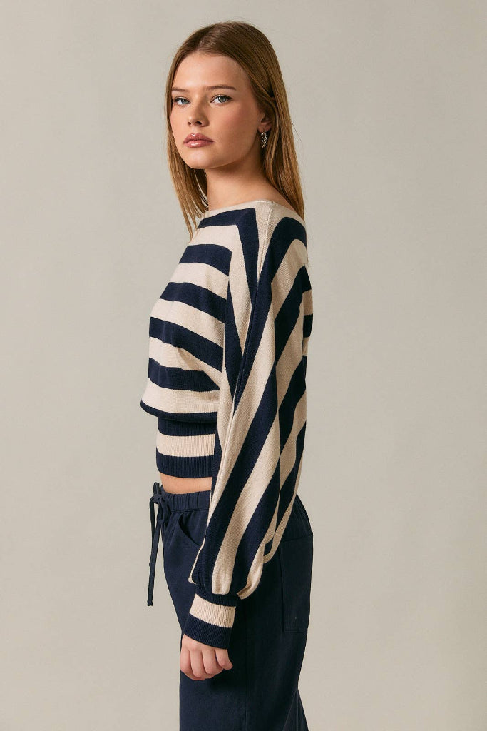 Hanging Out Striped Top - Navy/Taupe