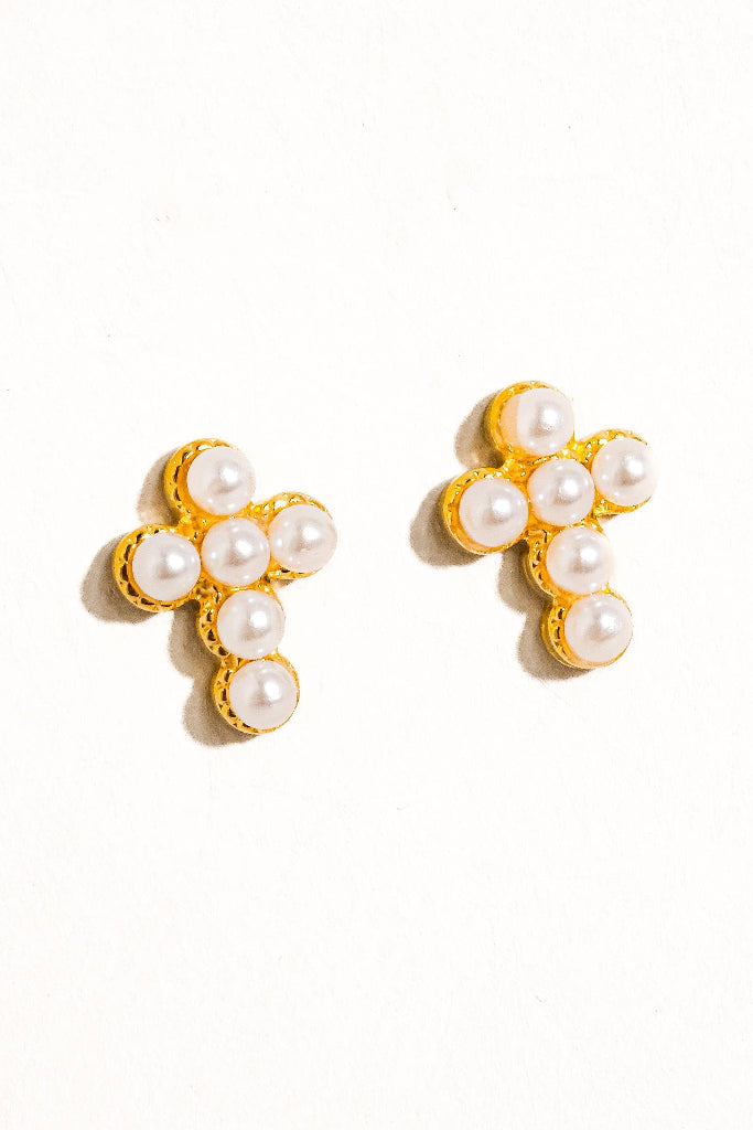 Telo Pearl Cross Stud - Gold