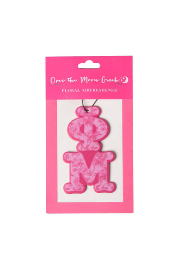 Pink floral air freshener with 'Omega' symbol in packaging on a white background