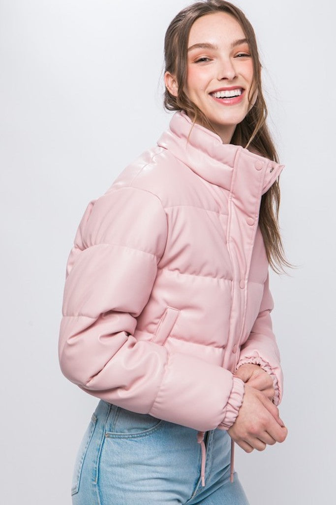 Knowing Better Pleather Puffer Jacket- Pink