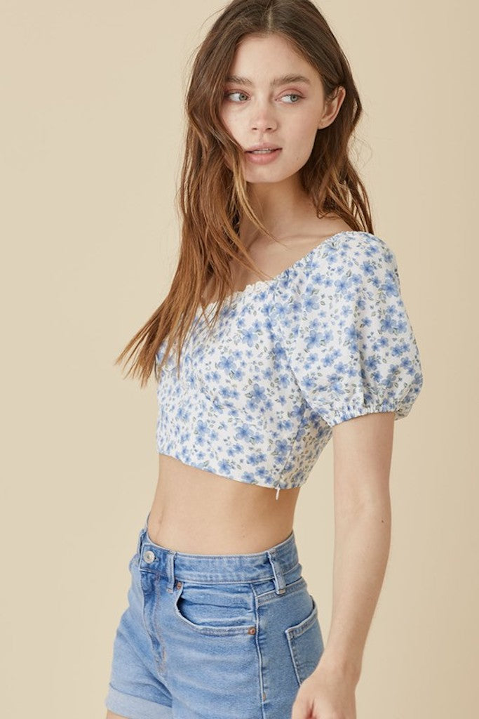 Romantic Outing Floral Crop Top- Blue