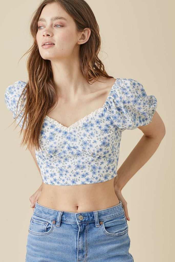 Romantic Outing Floral Crop Top- Blue