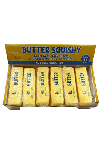Packaging of Butter Squishy toy with yellow packaging and blue text on a white background