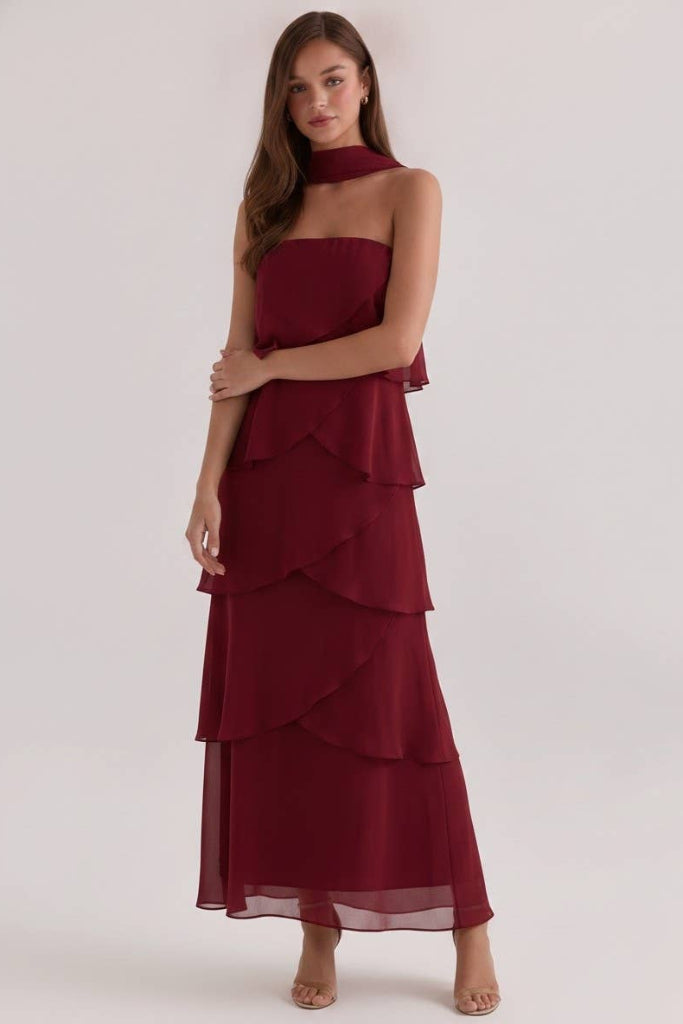 Strutting In Tiered Midi Dress - Deep Red