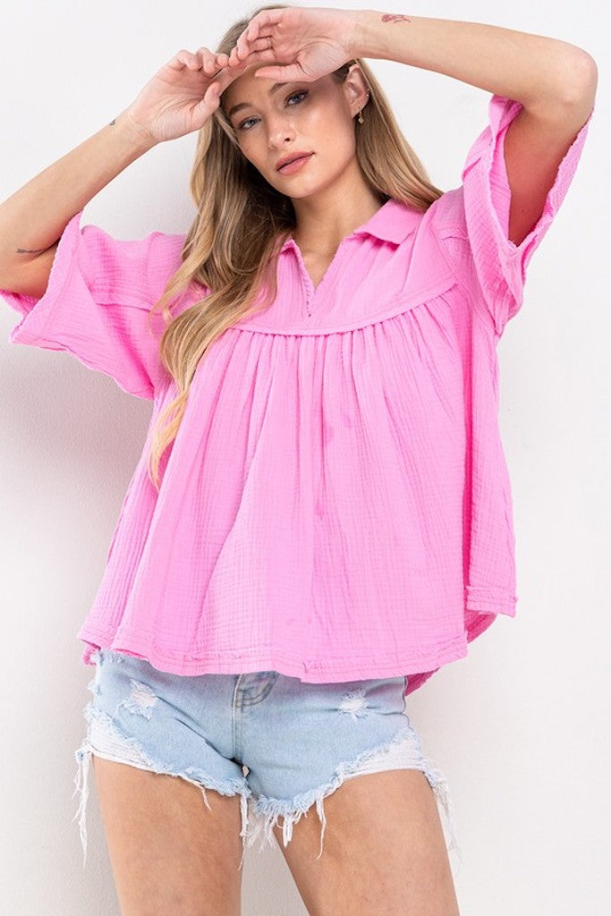 No Cares Babydoll Top- Pink