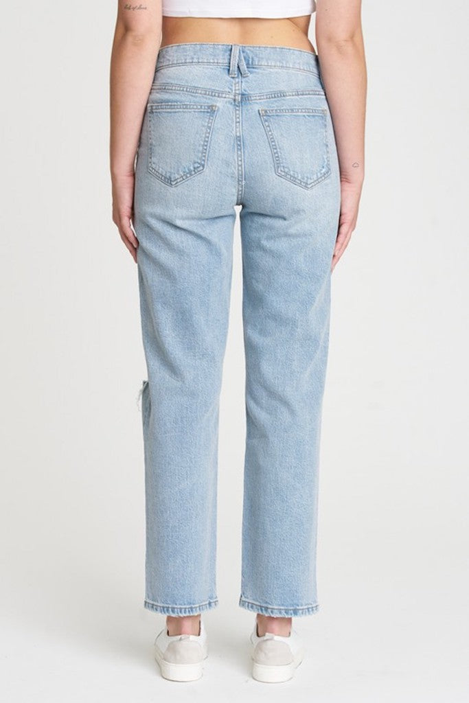 Just A Fling Distressed Straight Leg Jeans- Light Wash