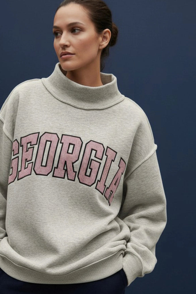 GA Stripe Emb. Mock Neck - Heather Grey