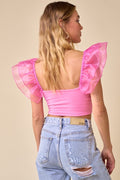 Take My Hand Ruffle Sleeve Crop Top- Pink