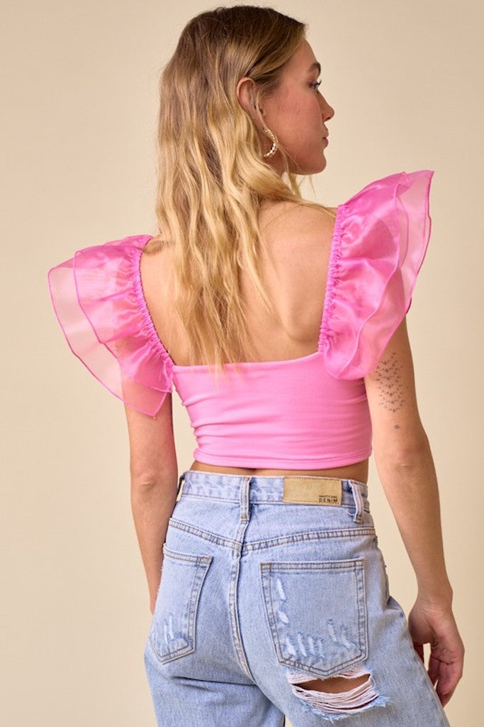 Take My Hand Ruffle Sleeve Crop Top- Pink