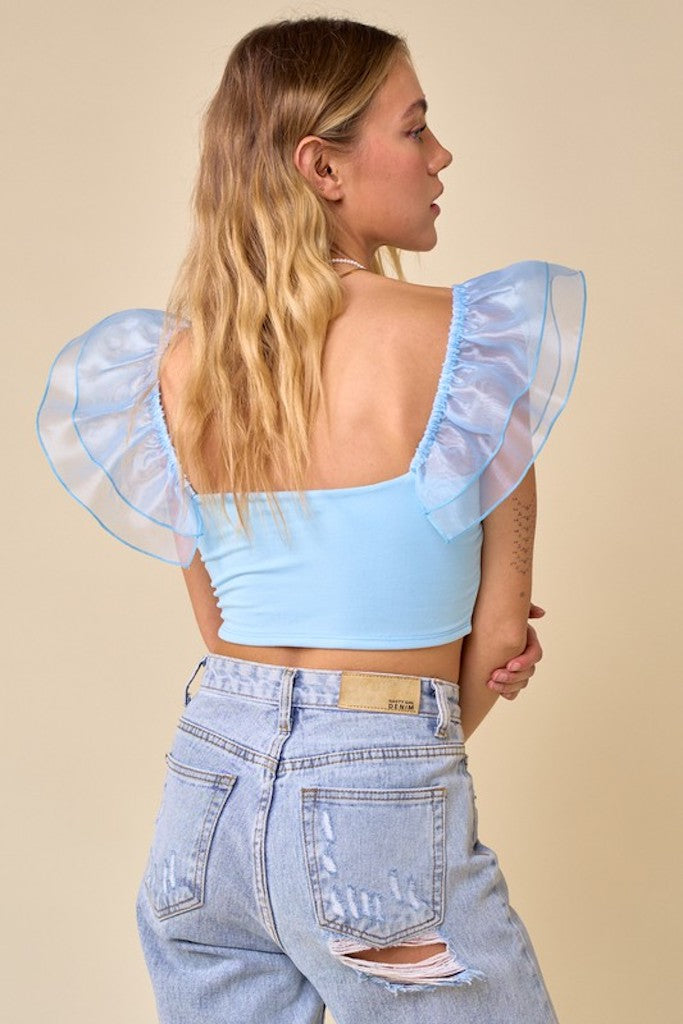 Take My Hand Ruffle Sleeve Crop Top- Light Blue