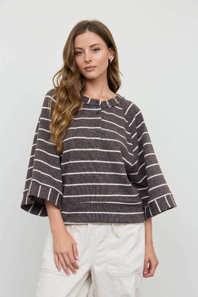Pure Love Striped Henley Top - Dark Brown