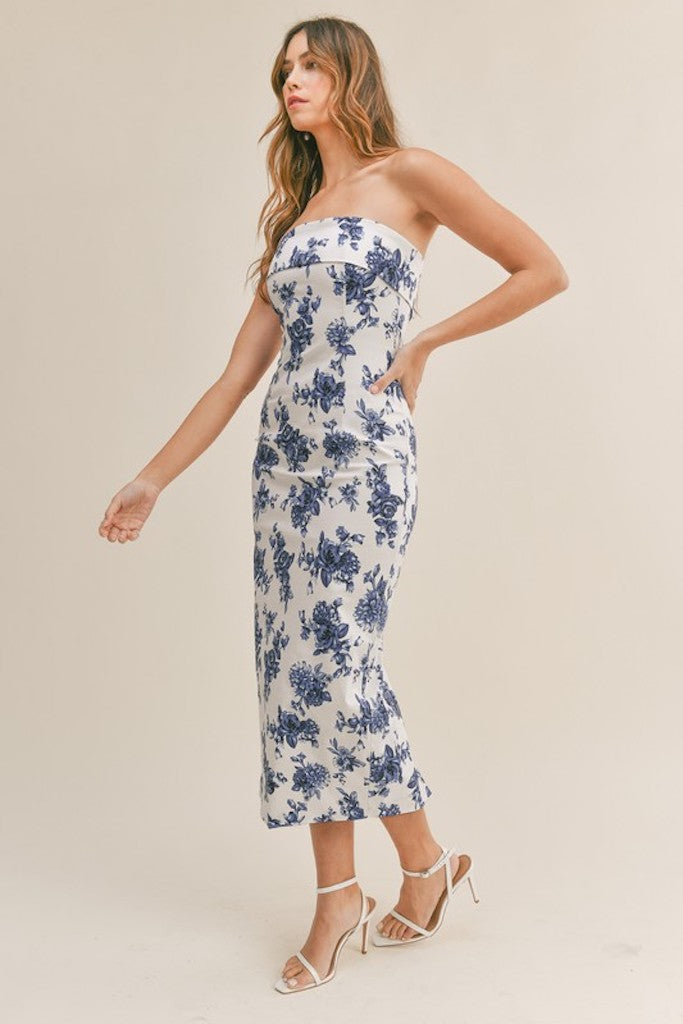 Frida Floral Midi Dress- Blue/White