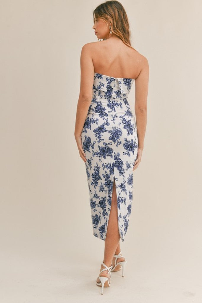 Frida Floral Midi Dress- Blue/White