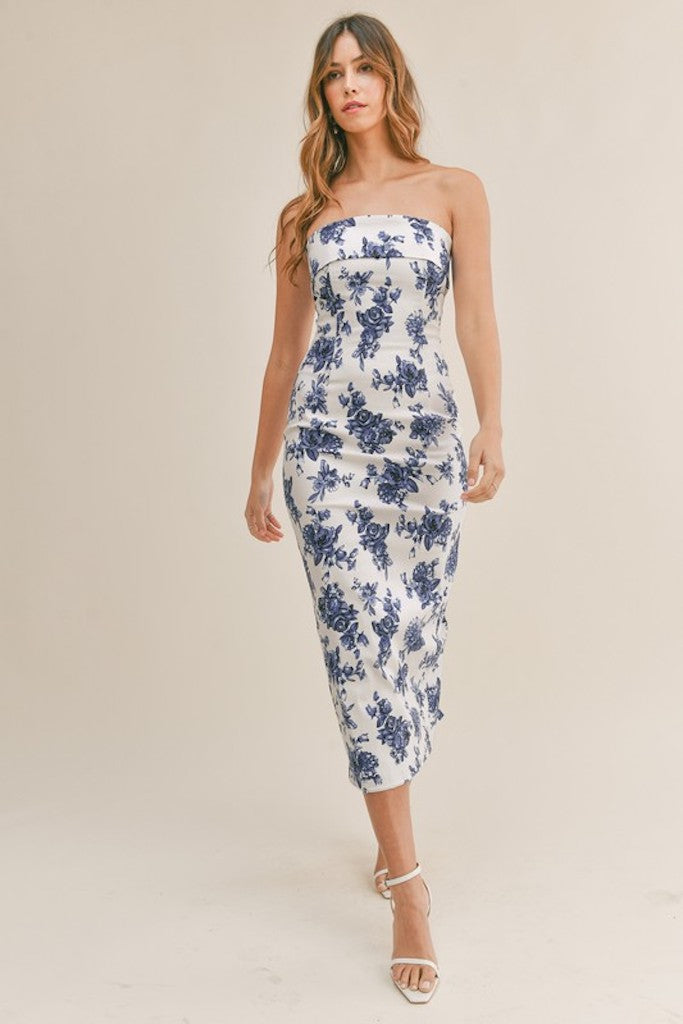 Frida Floral Midi Dress- Blue/White