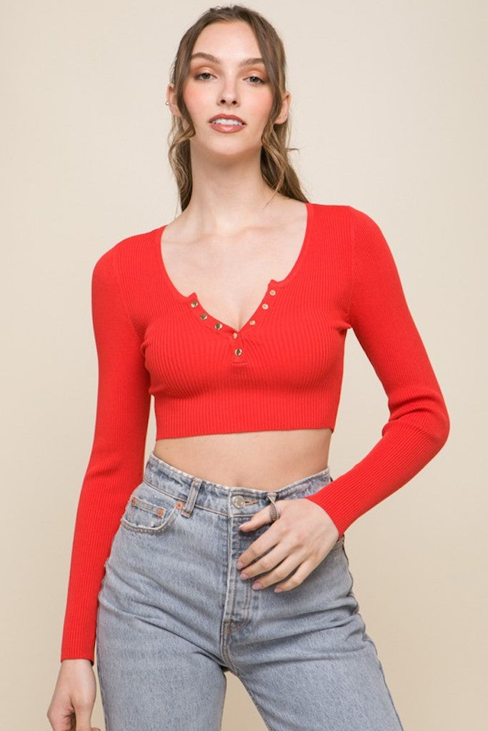 Not So Easy Cropped Button Sweater Top- Red