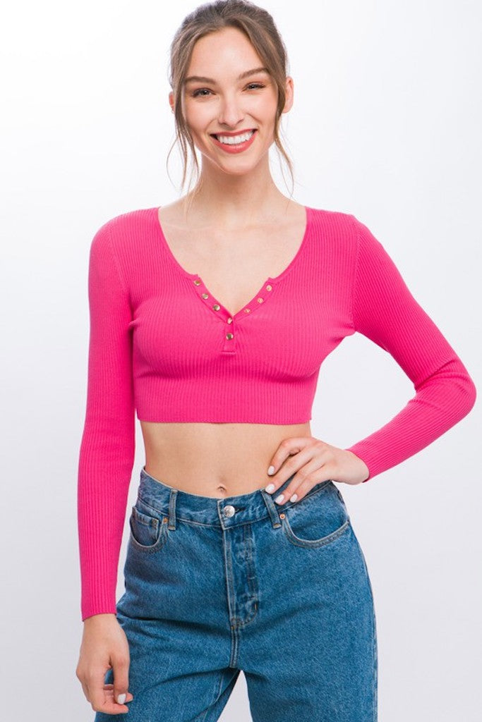 Not So Easy Cropped Button Sweater Top- Fuchsia