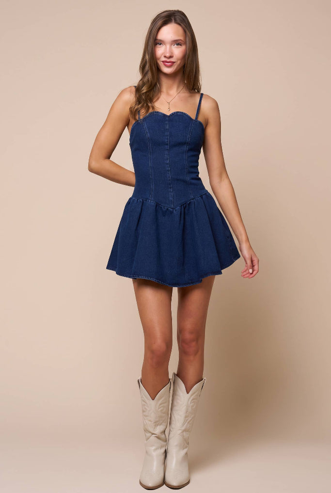 Too Rowdy Scalloped Fit & Flare Dress  - Denim