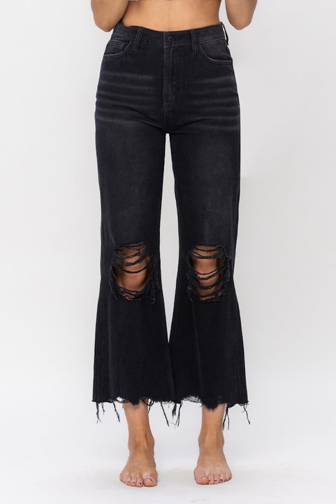 Leah Wide Leg Distressed Jeans- Black