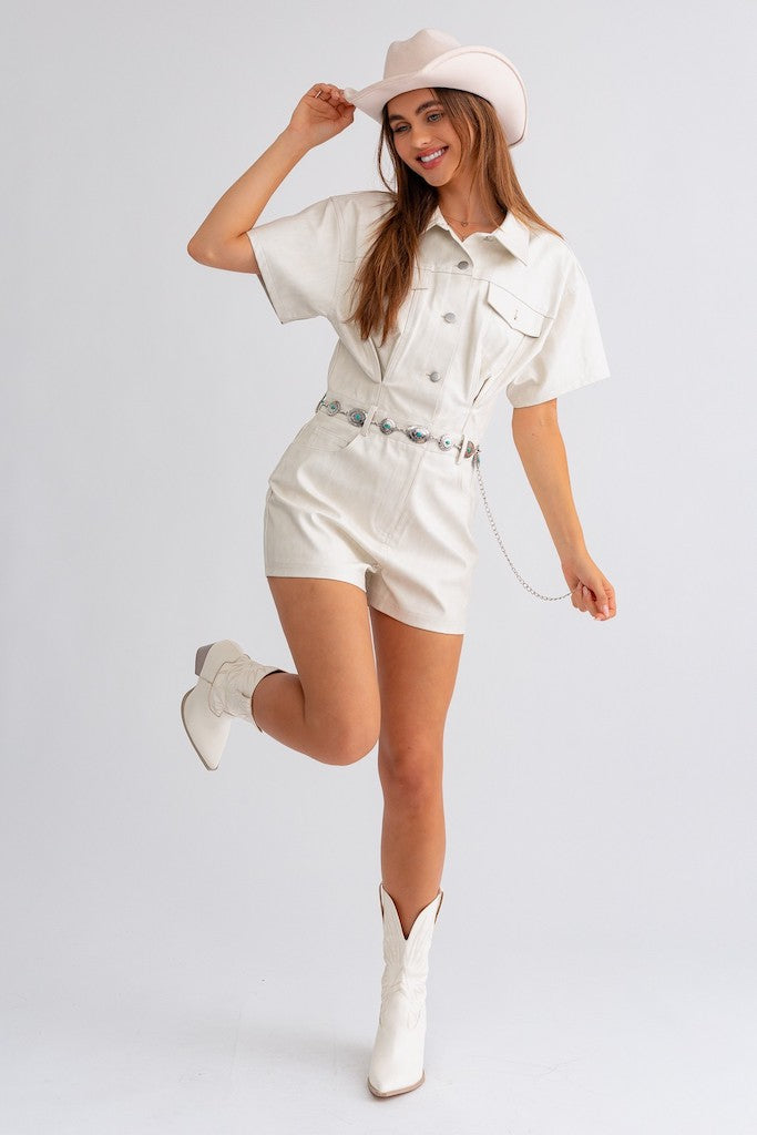 Don&#039;t Call Me Pleather Romper- Ivory