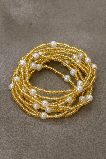 8 Layered Beaded Bracelet Set - Gold/Pearl