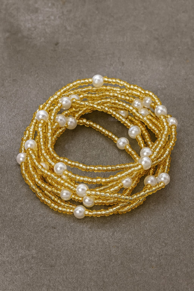 8 Layered Beaded Bracelet Set - Gold/Pearl