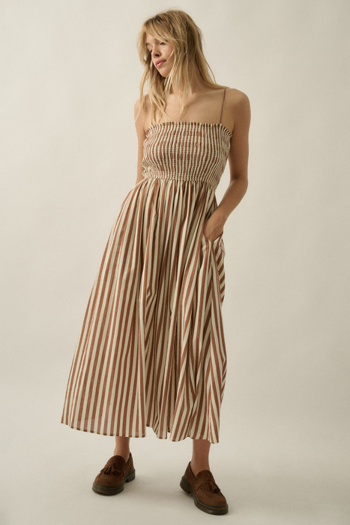 Exciting News Striped Midi Dress - Taupe
