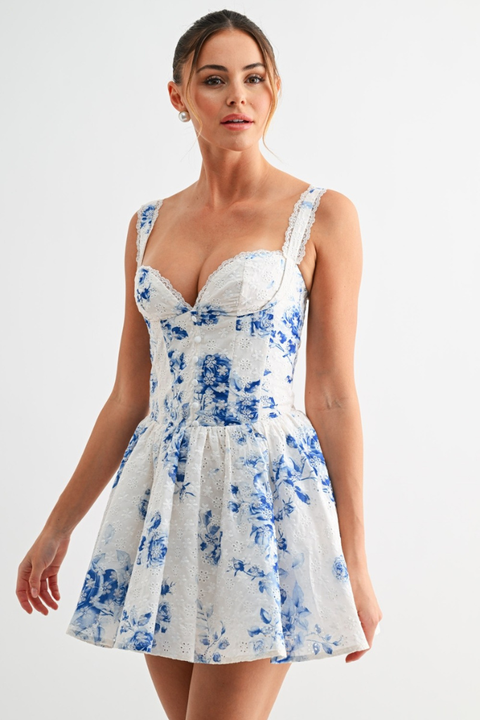 Elaine Floral Corset Dress - White/Blue