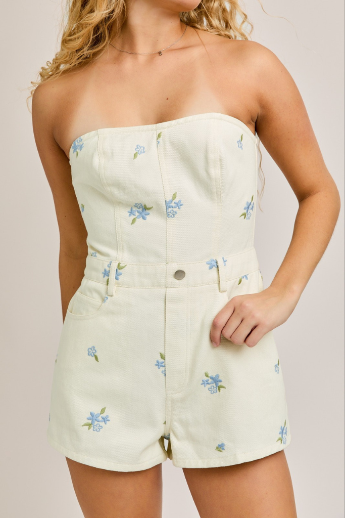 Floral Couture Romper - Cream/Blue