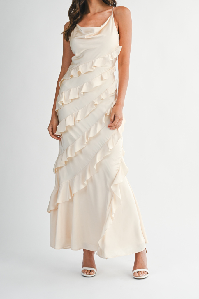 Clo Satin Ruffle Maxi Dress - Cream